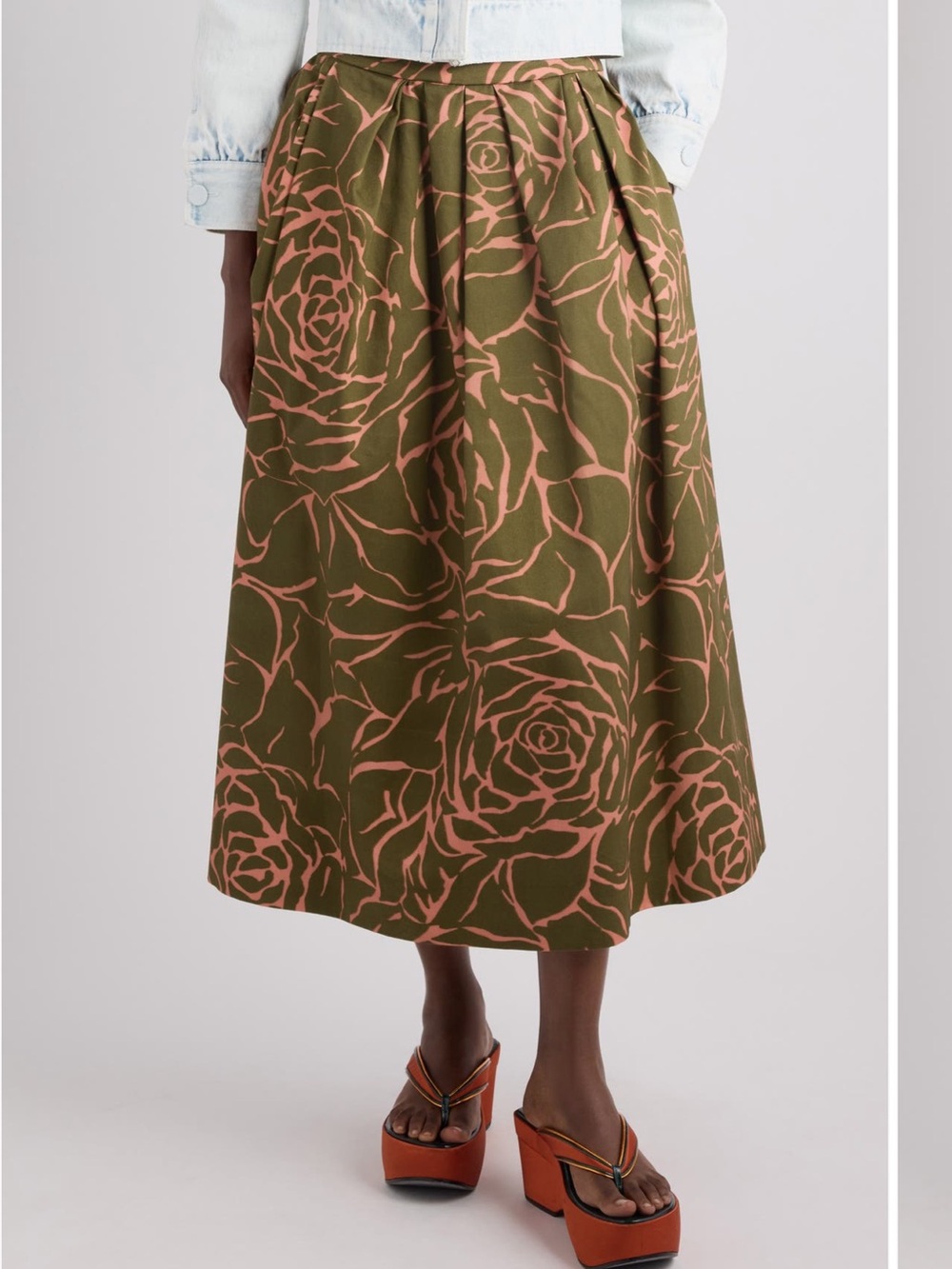 Dries Van Noten Olive and Pink Floral Midi Skirt